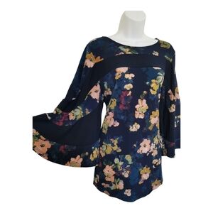Nina Leonard navy blue floral Jersey top with flare sleeves size L